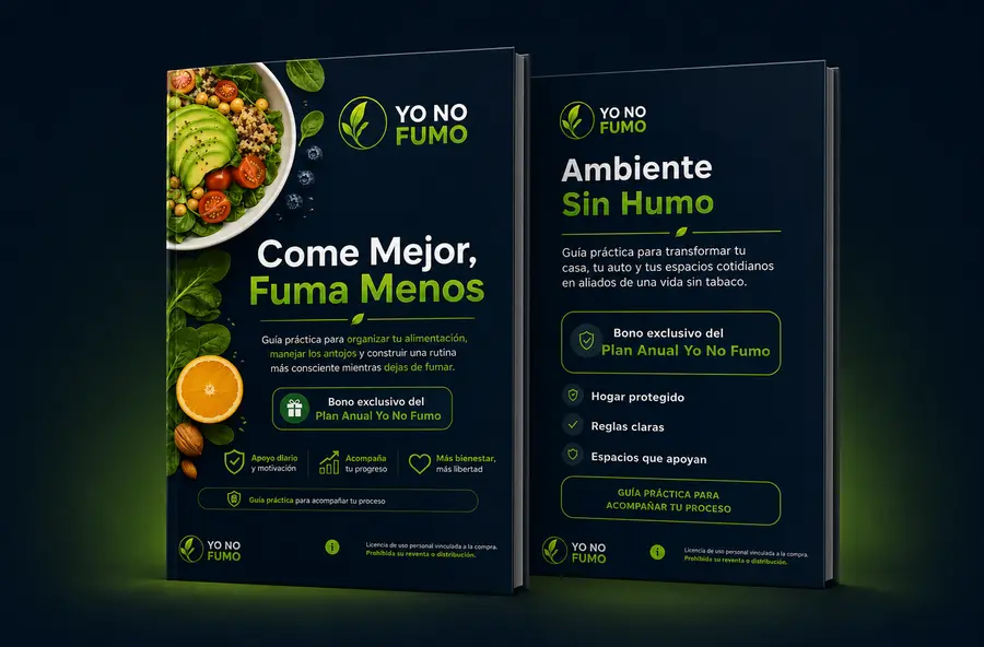 Mockup de los ebooks Come Mejor, Fuma Menos y Ambiente Sin Humo, incluidos en el Plan Anual