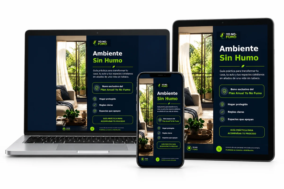 Ebook Ambiente Sin Humo presentado en un celular, una tablet y un notebook sobre fondo blanco