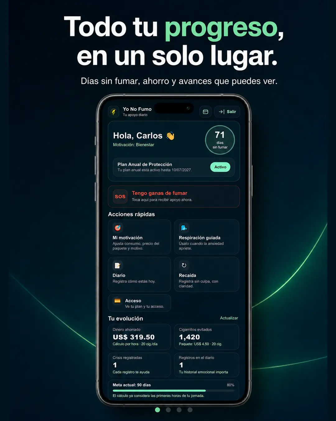 Panel principal de Yo No Fumo con Carlos, 71 días sin fumar, ahorro, cigarrillos evitados y accesos rápidos