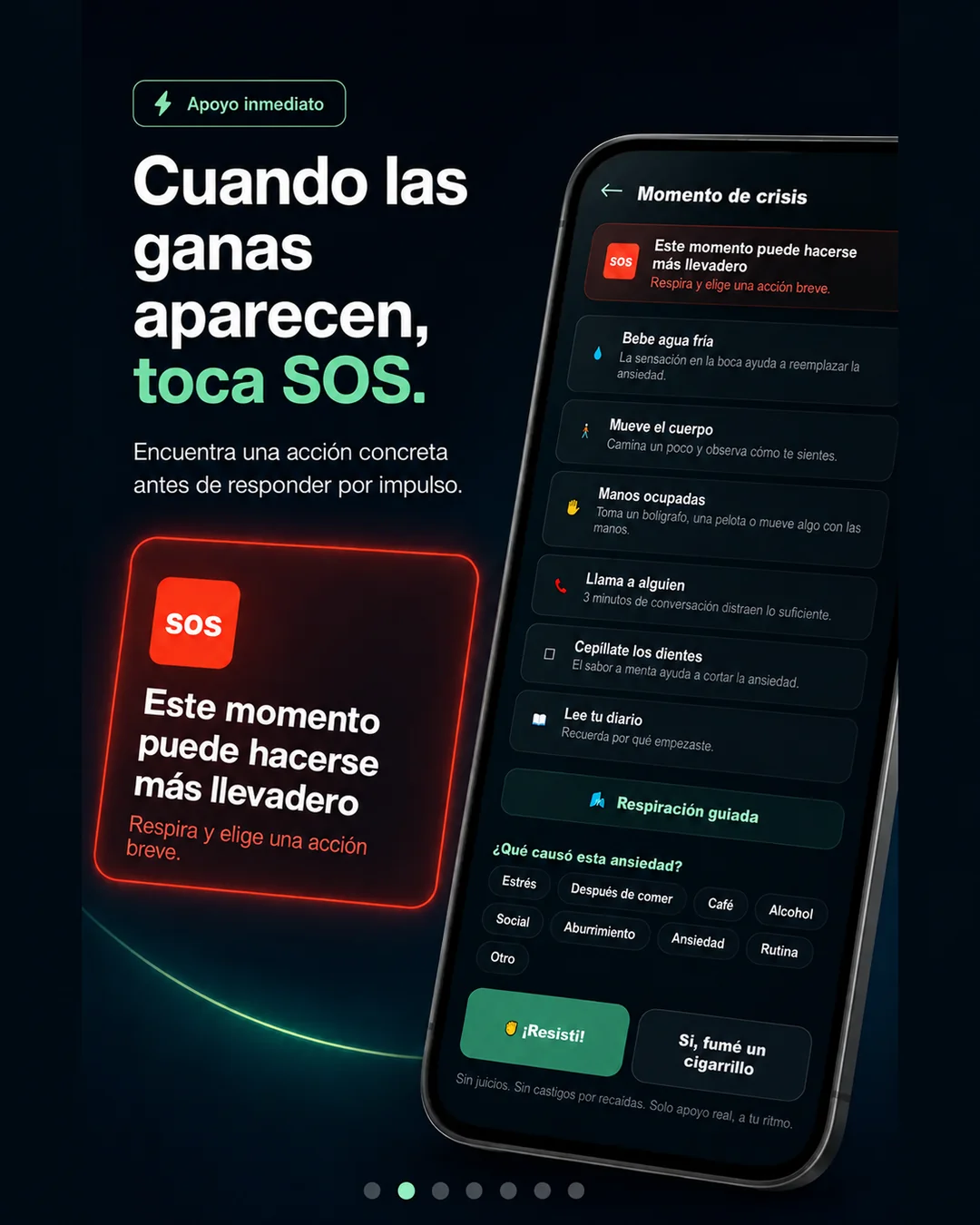 Pantalla SOS de Yo No Fumo con acciones prácticas, respiración guiada y selección de detonantes durante un momento de crisis