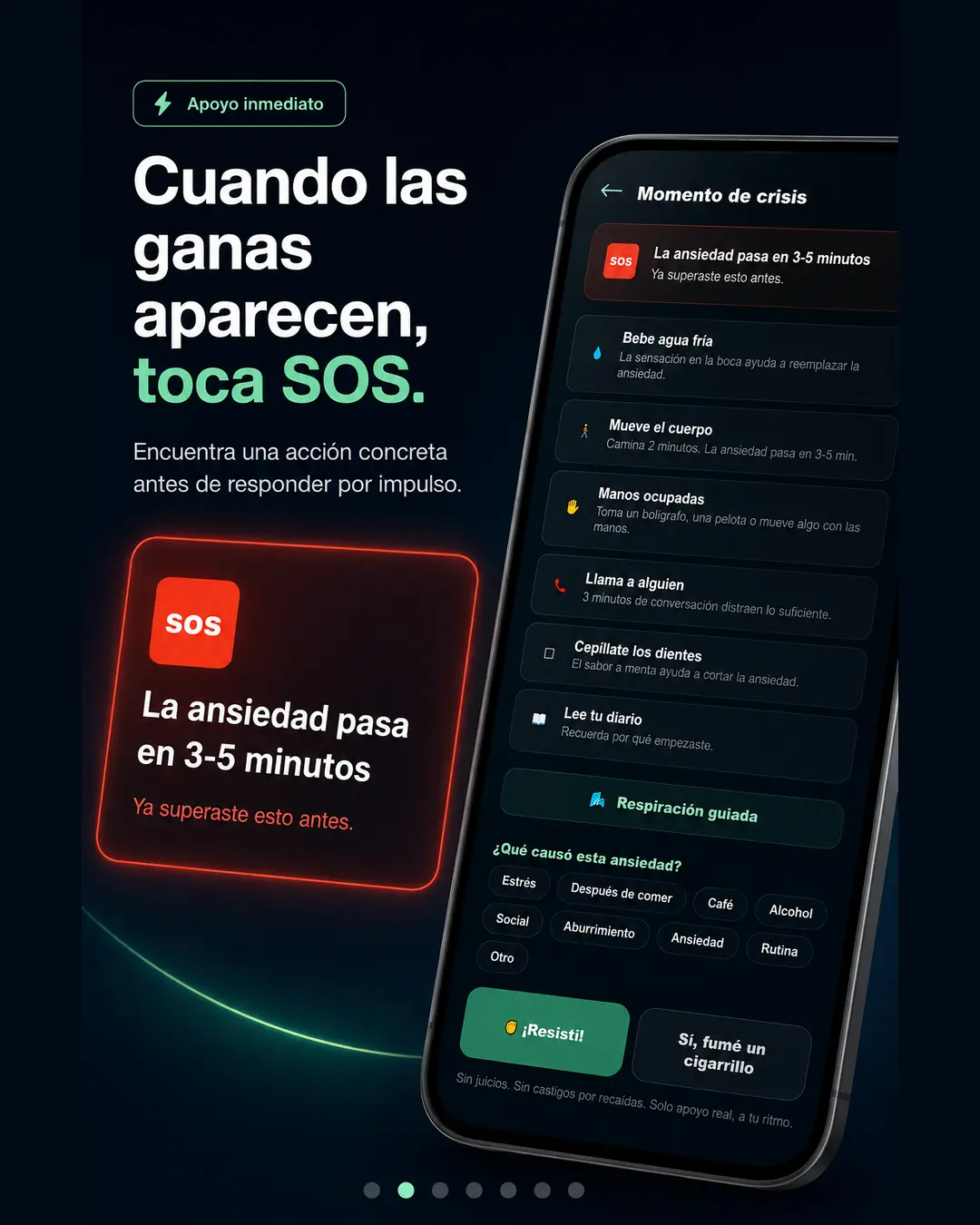 Pantalla SOS de Yo No Fumo con acciones prácticas, respiración guiada y selección de detonantes durante un momento de crisis