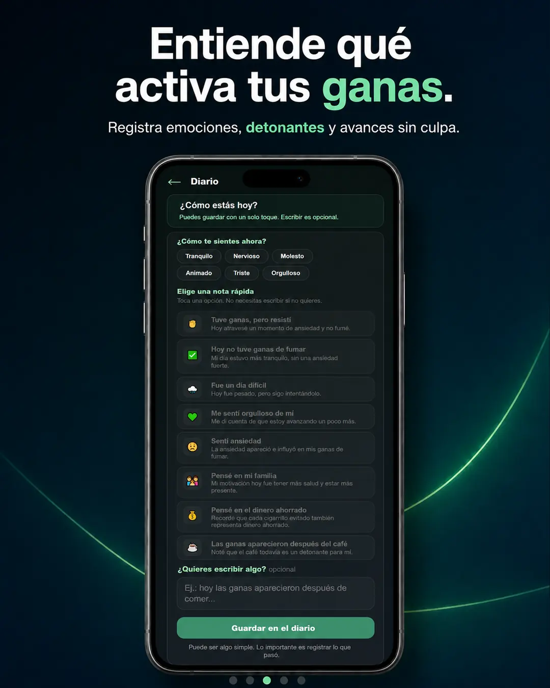 Diario de Yo No Fumo con estados de ánimo, notas rápidas y espacio opcional para registrar emociones y detonantes