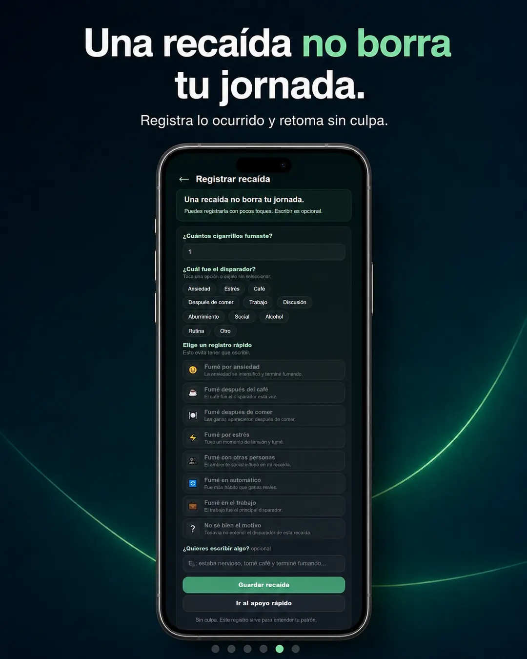 Registro de recaída de Yo No Fumo con cantidad, detonantes, notas rápidas y acceso al apoyo sin culpa