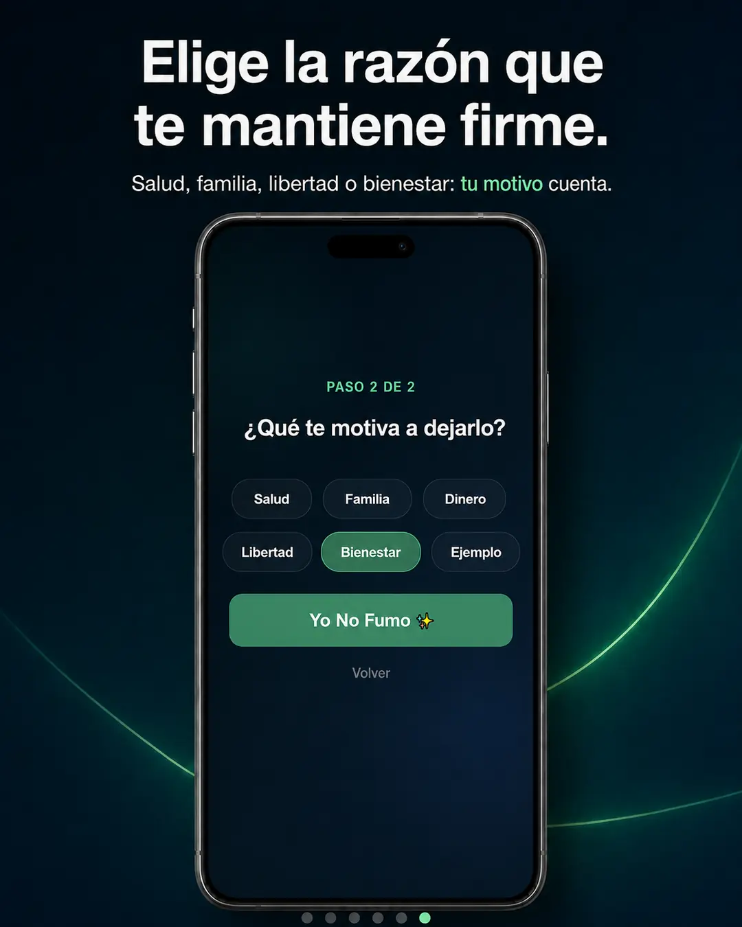 Pantalla de motivación de Yo No Fumo con opciones como salud, familia, libertad, bienestar, dinero y ejemplo